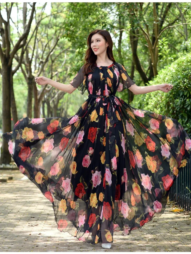 Colorful Floral Printed Chiffon Maxi Dress Free and Loose Beach Wedding Long Flowy Dress with Sleeves