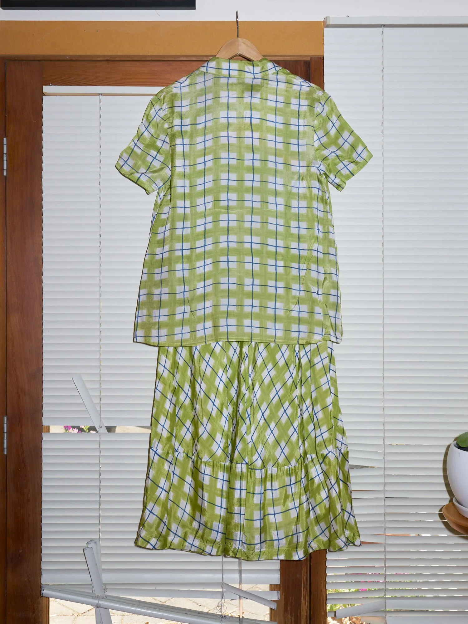 Comme des Garcons 1993 green rayon check short sleeve shirt skirt set - womens M