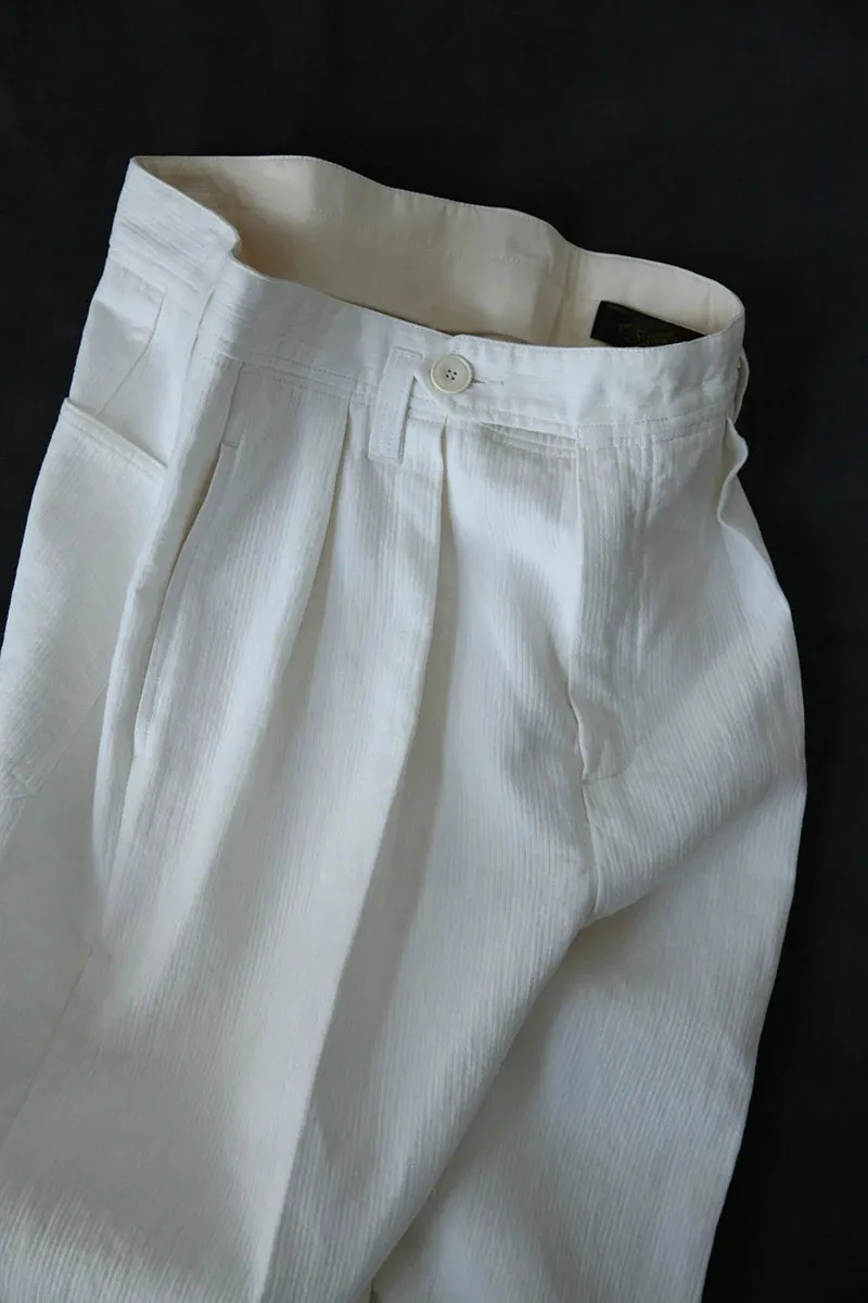 Cotton Linen Pleated Trousers White Men's Informal Pants