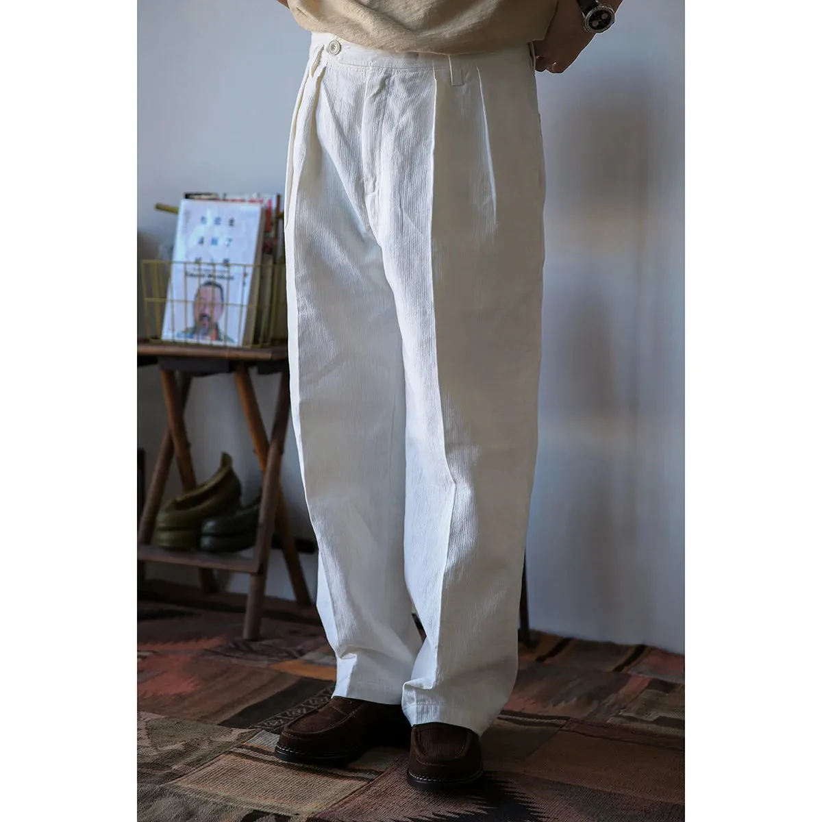 Cotton Linen Pleated Trousers White Men's Informal Pants