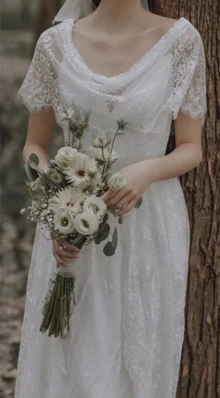 Country Style Flowy Bohemian Lace Wedding Dress