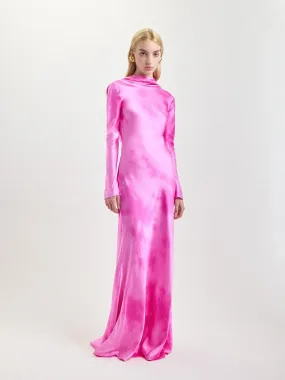 Cowl Back Silk Gown in Fuchsia Shibori