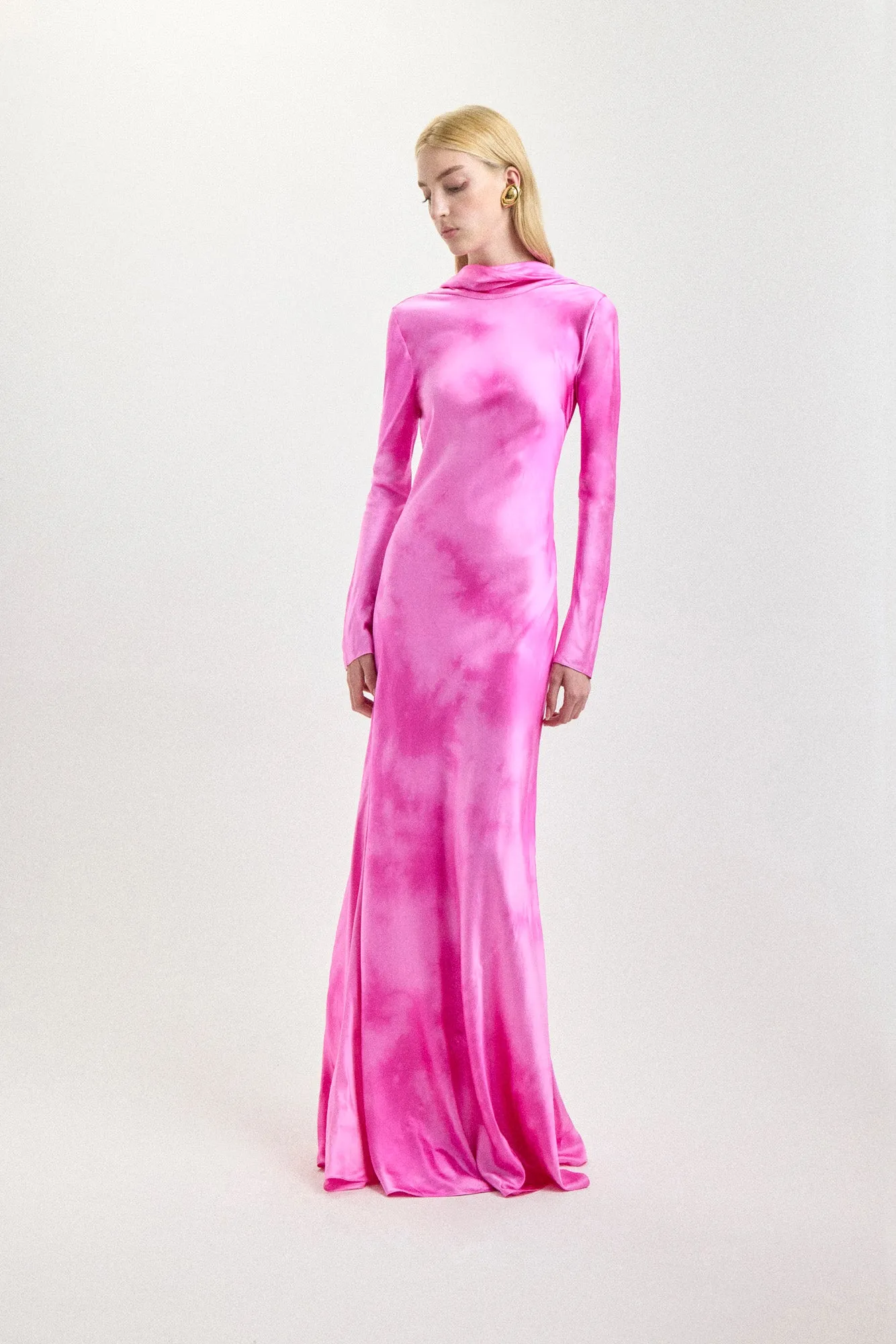 Cowl Back Silk Gown in Fuchsia Shibori