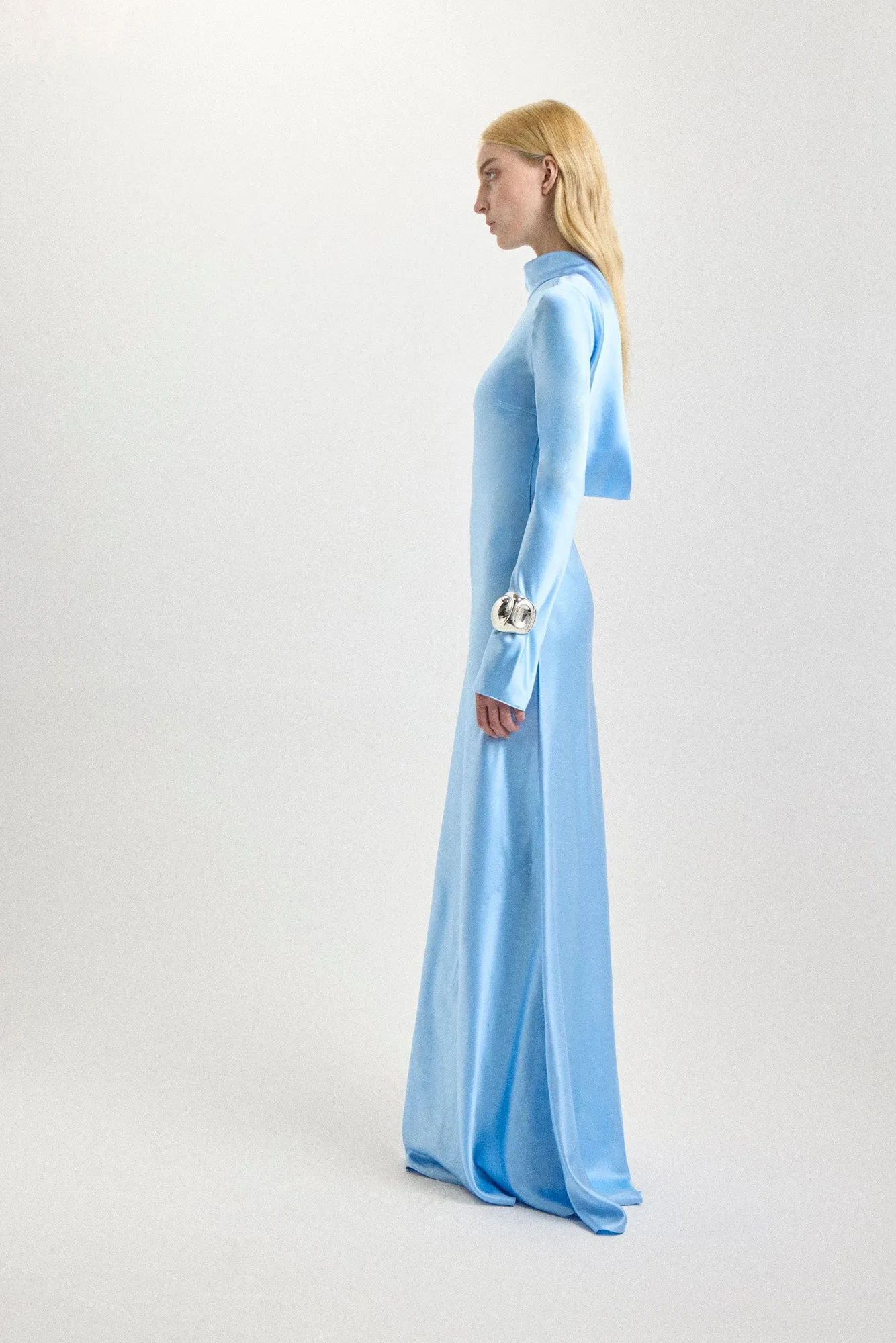 Cowl Back Silk Gown in Sky Blue