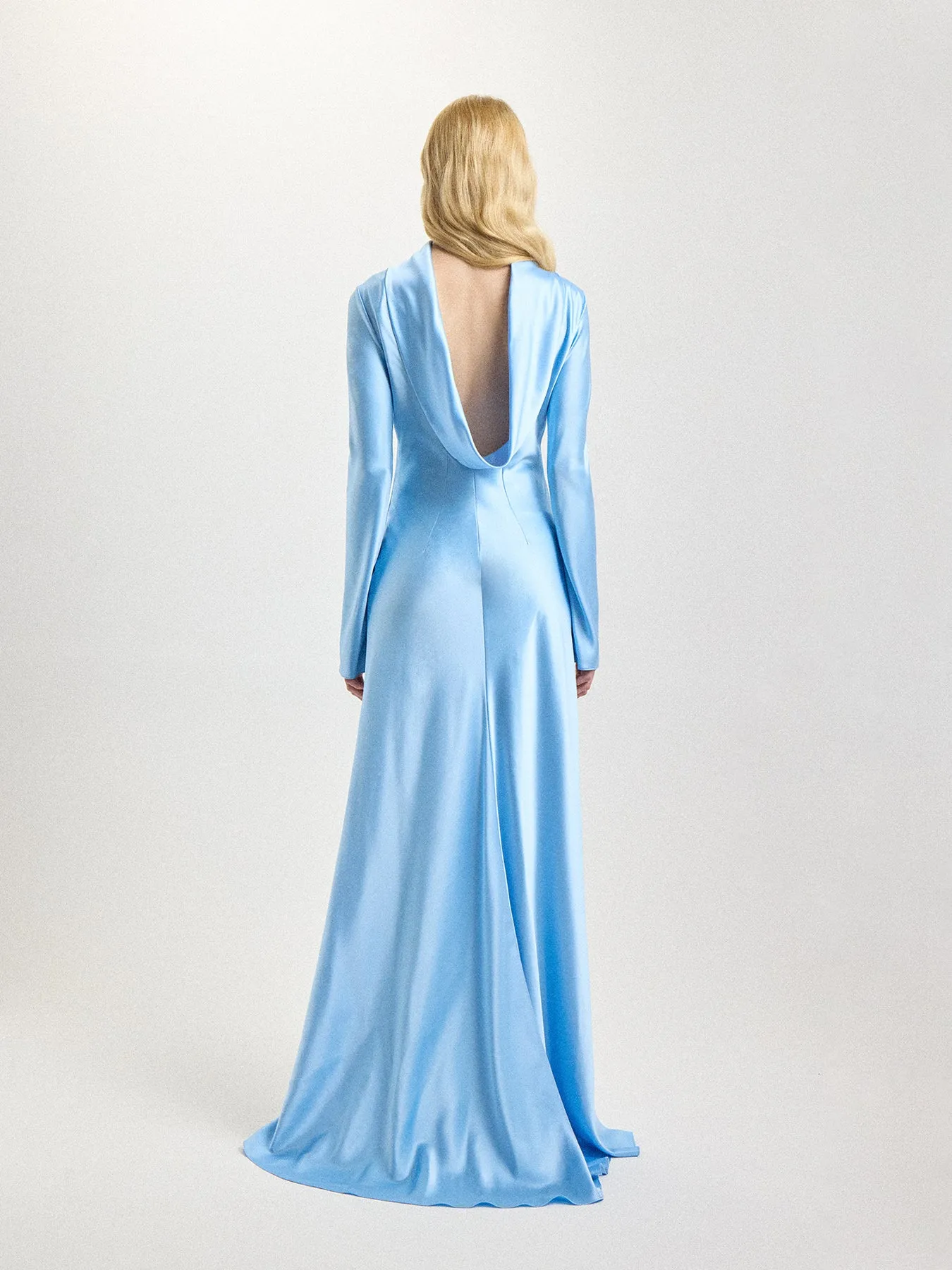 Cowl Back Silk Gown in Sky Blue