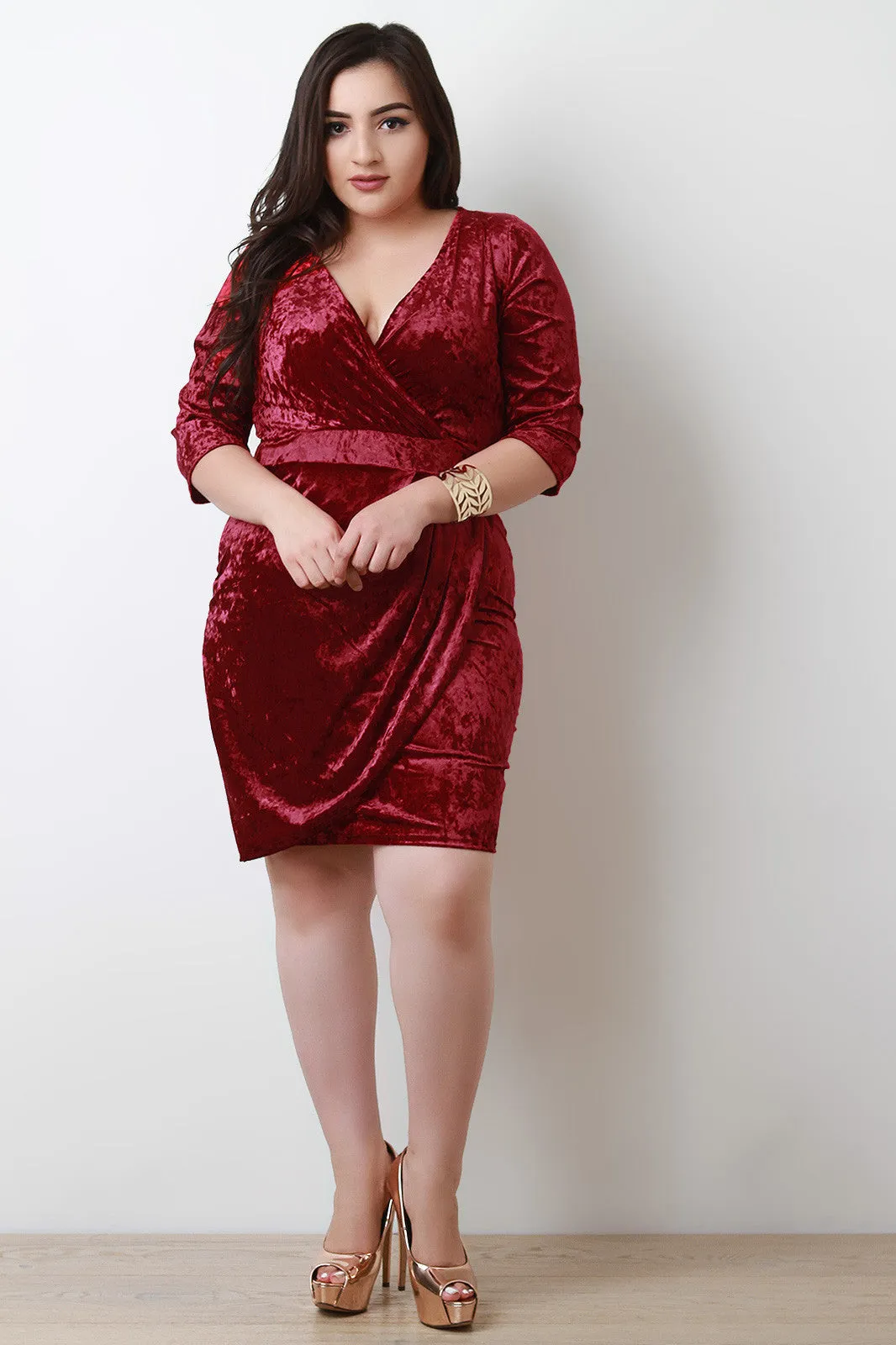 Crushed Velvet Surplice Faux Wrap Bodycon Dress