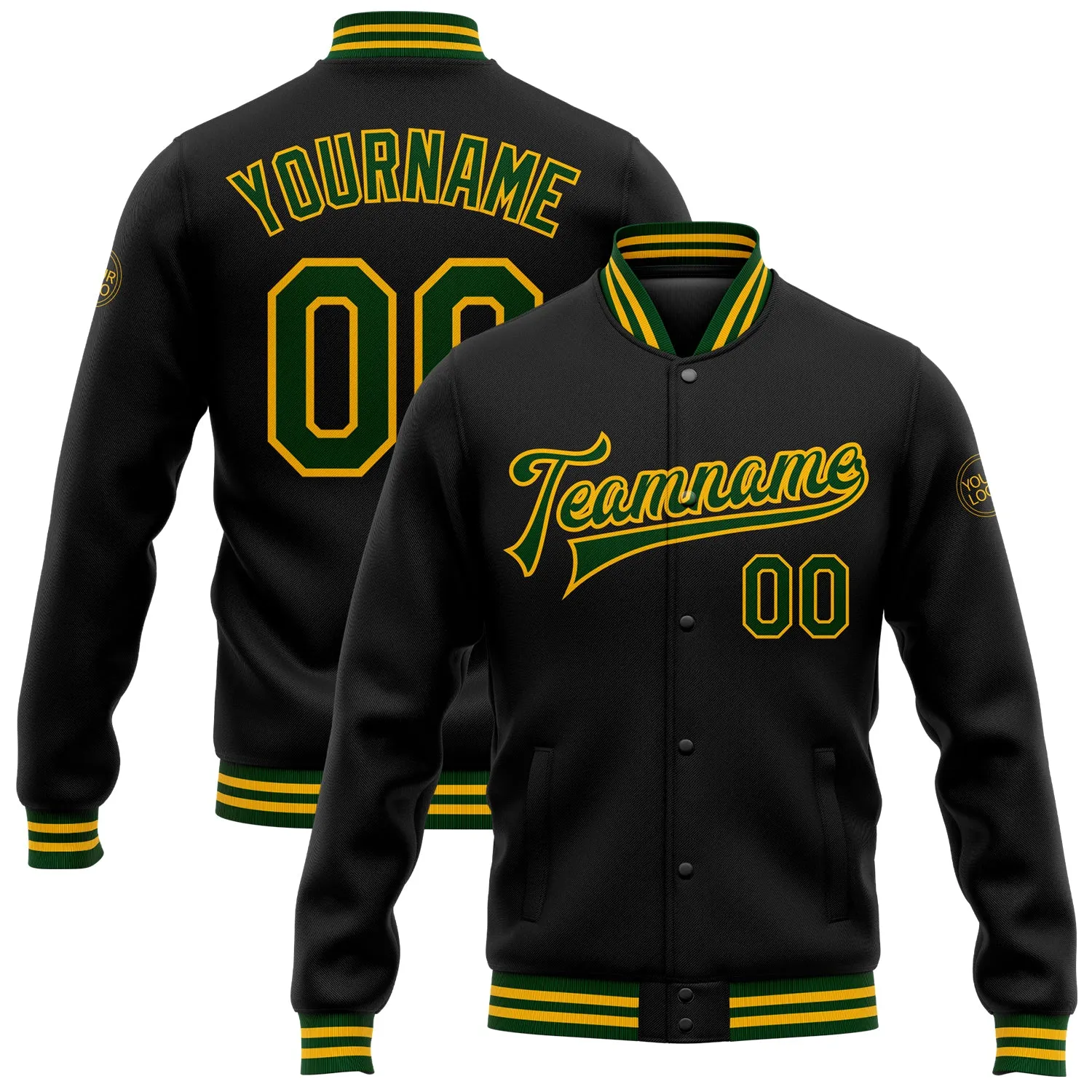 Custom Black Green-Gold Bomber Full-Snap Varsity Letterman Jacket