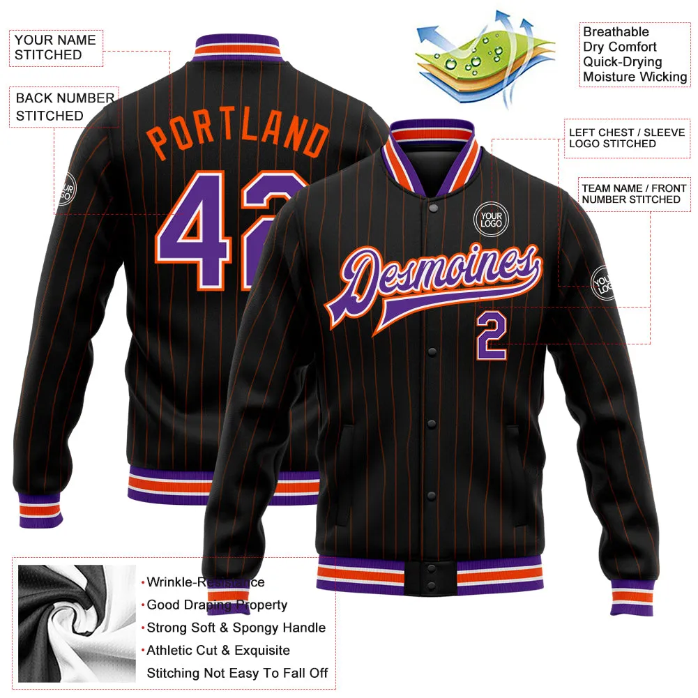 Custom Black Orange Pinstripe Purple-White Bomber Full-Snap Varsity Letterman Jacket