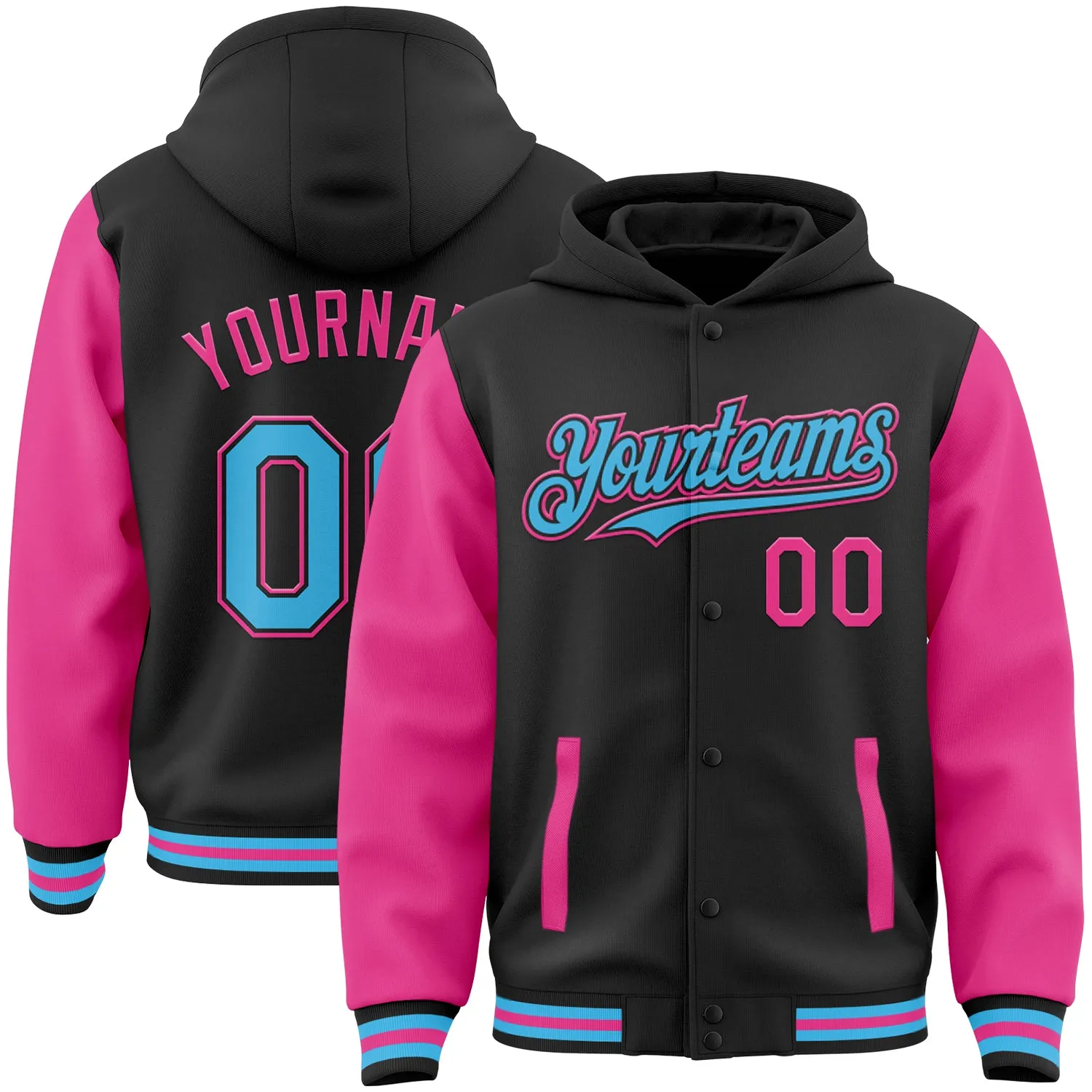 Custom Black Sky Blue-Pink Bomber Full-Snap Varsity Letterman Two Tone Hoodie Jacket