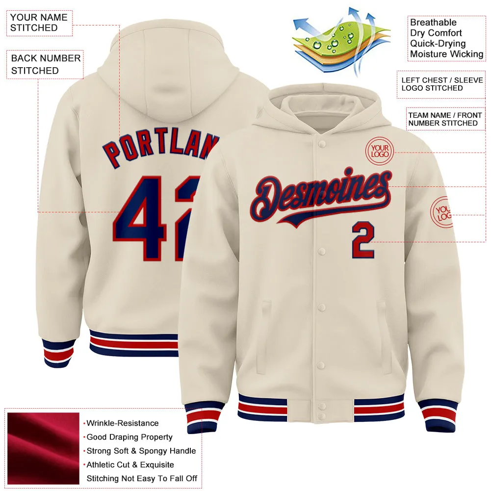 Custom Cream Navy Red-White Bomber Full-Snap Varsity Letterman Hoodie Jacket