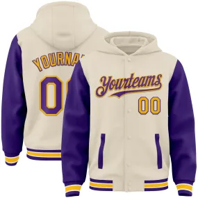 Custom Cream Purple Gold-White Bomber Full-Snap Varsity Letterman Two Tone Hoodie Jacket