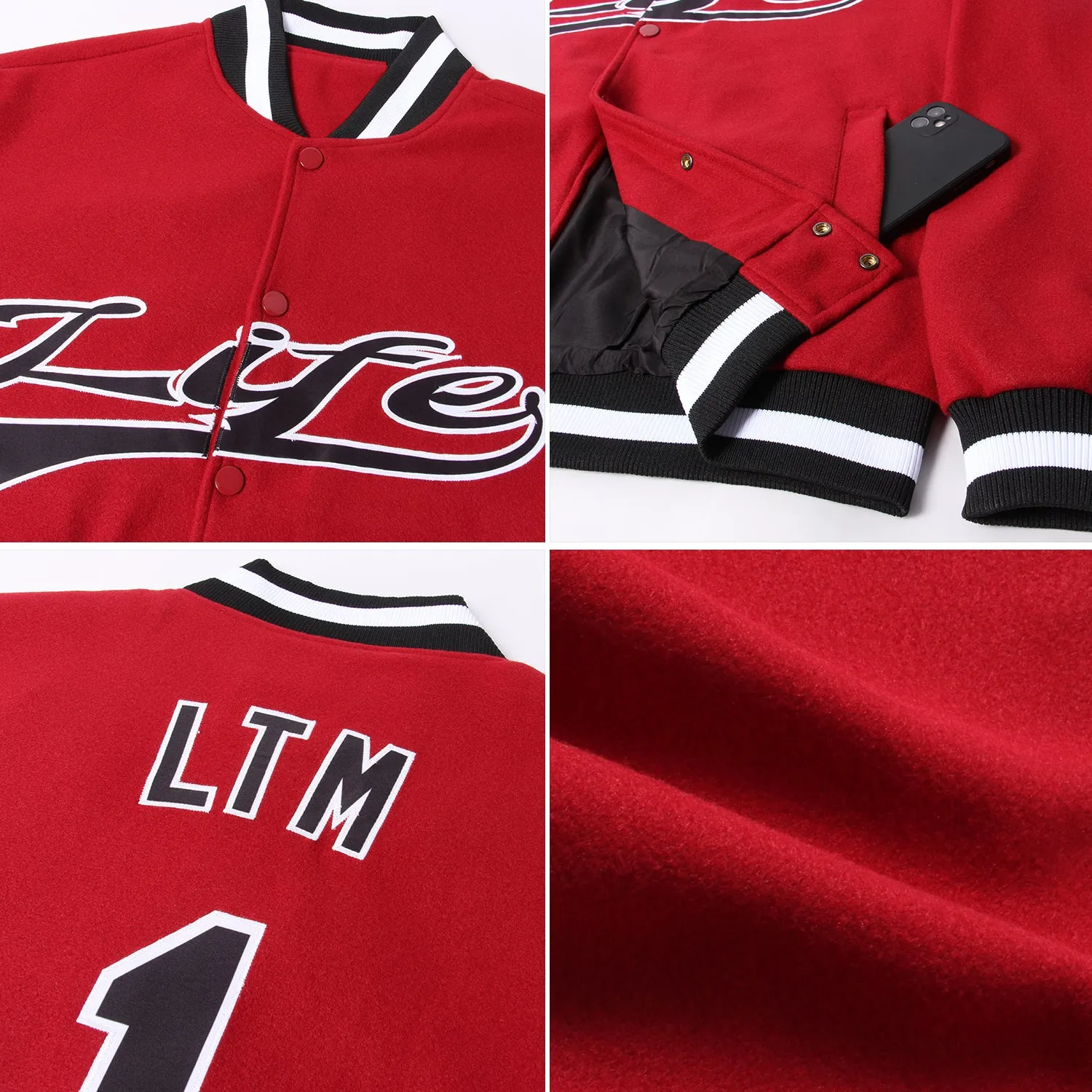 Custom Crimson Black-White Bomber Full-Snap Varsity Letterman Jacket