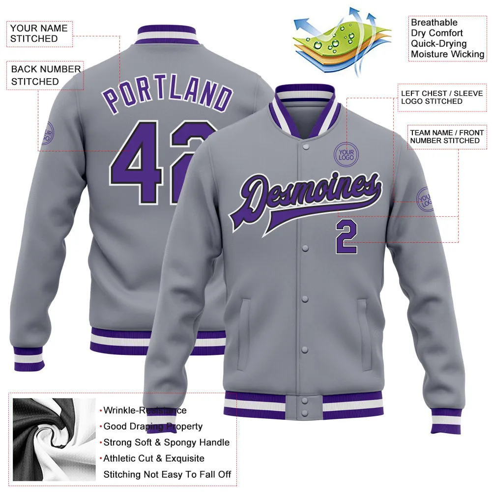 Custom Gray Purple-Black Bomber Full-Snap Varsity Letterman Jacket