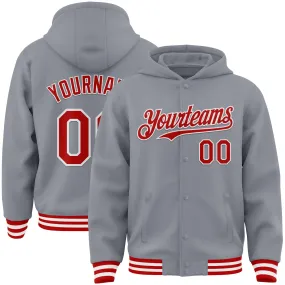 Custom Gray Red-White Bomber Full-Snap Varsity Letterman Hoodie Jacket