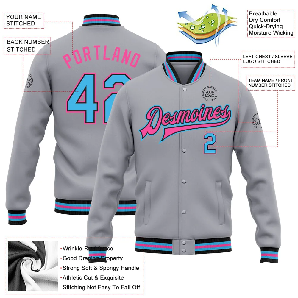 Custom Gray Sky Blue Black-Pink Bomber Full-Snap Varsity Letterman Jacket