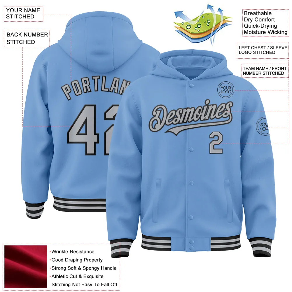 Custom Light Blue Gray-Black Bomber Full-Snap Varsity Letterman Hoodie Jacket