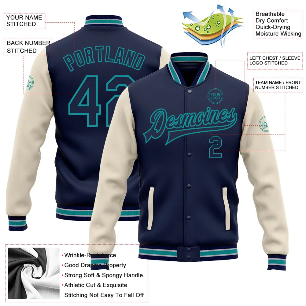 Custom Navy Cream-Teal Bomber Full-Snap Varsity Letterman Two Tone Jacket