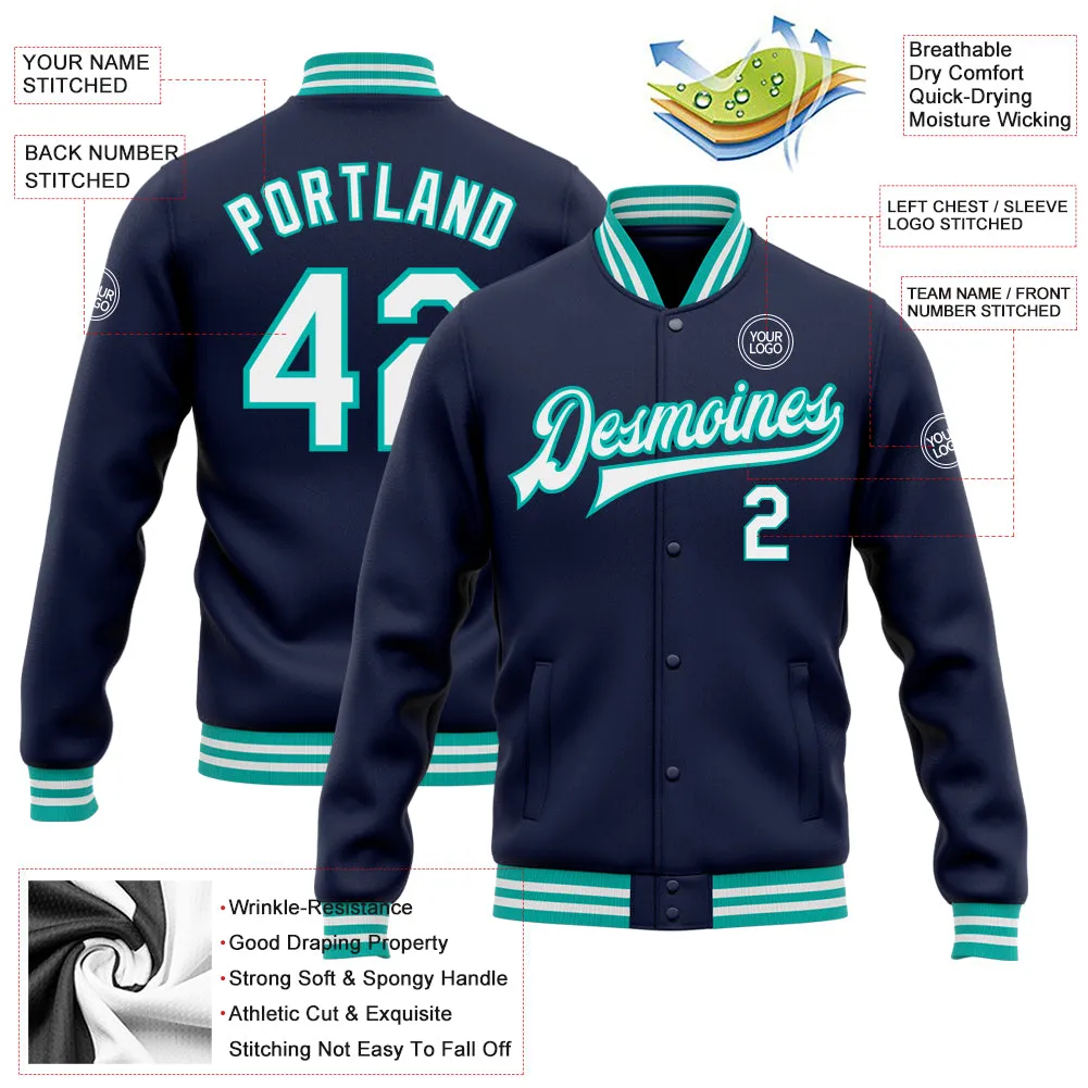 Custom Navy White-Aqua Bomber Full-Snap Varsity Letterman Jacket