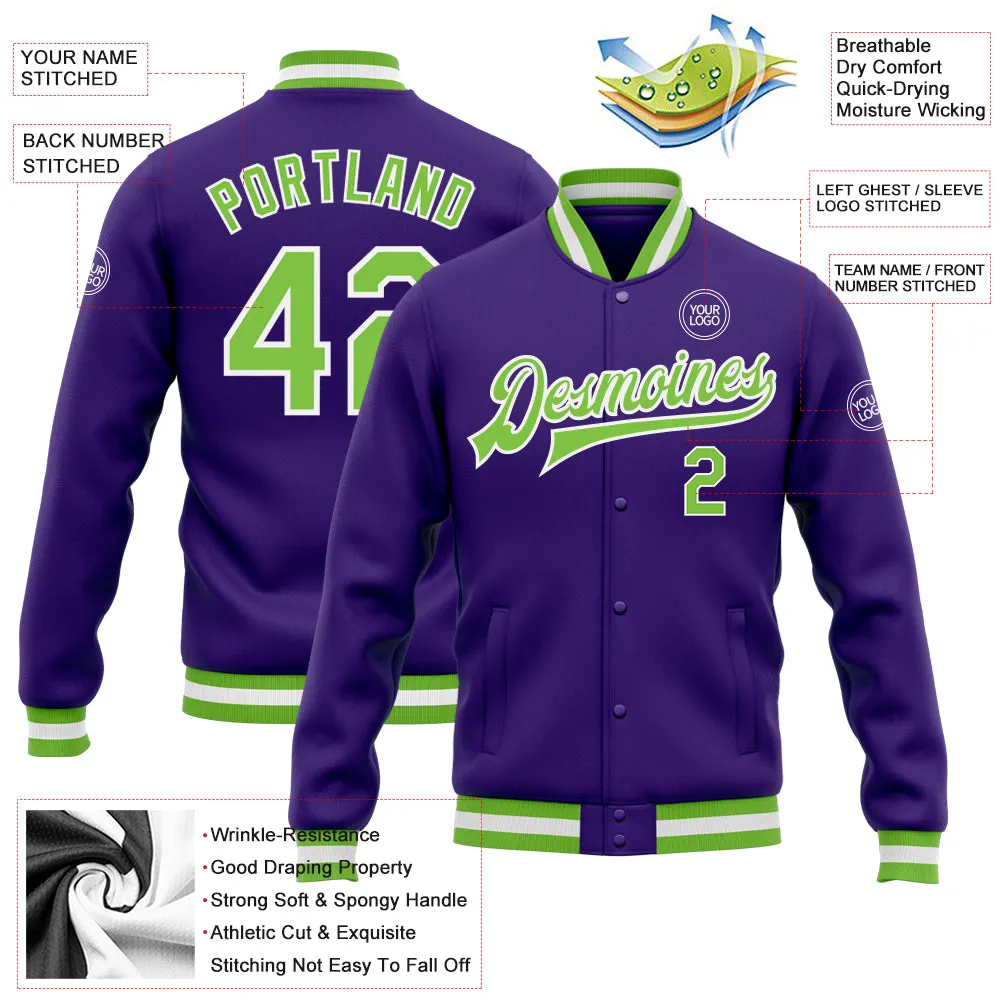 Custom Purple Neon Green-White Bomber Full-Snap Varsity Letterman Jacket