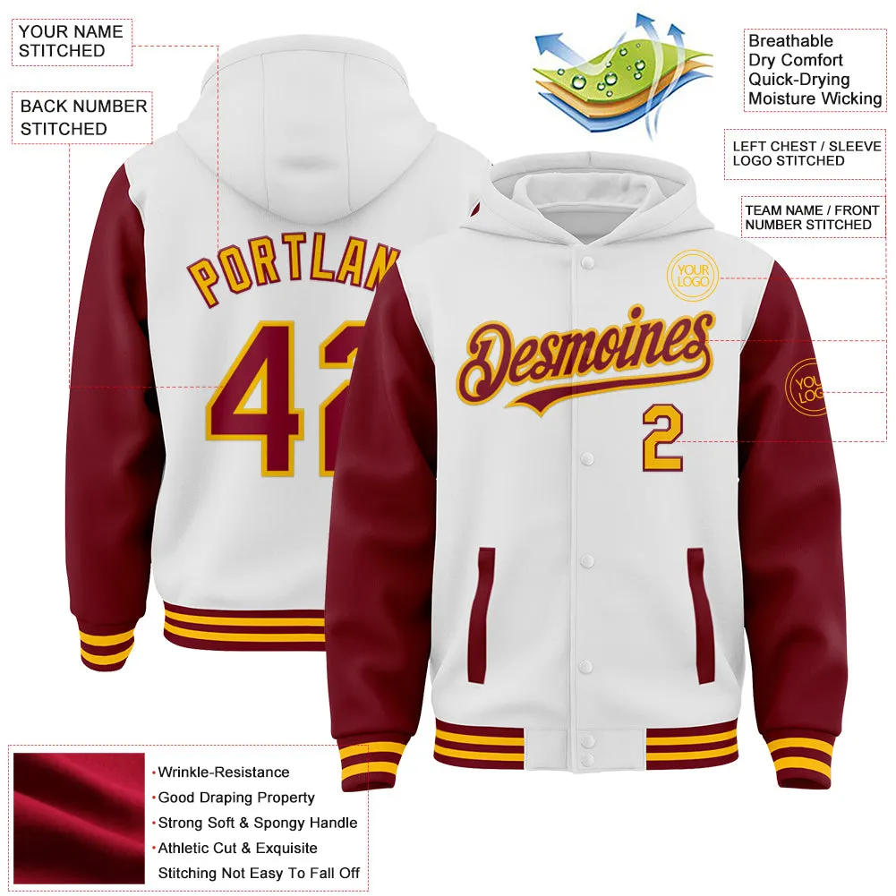 Custom White Crimson-Gold Bomber Full-Snap Varsity Letterman Two Tone Hoodie Jacket