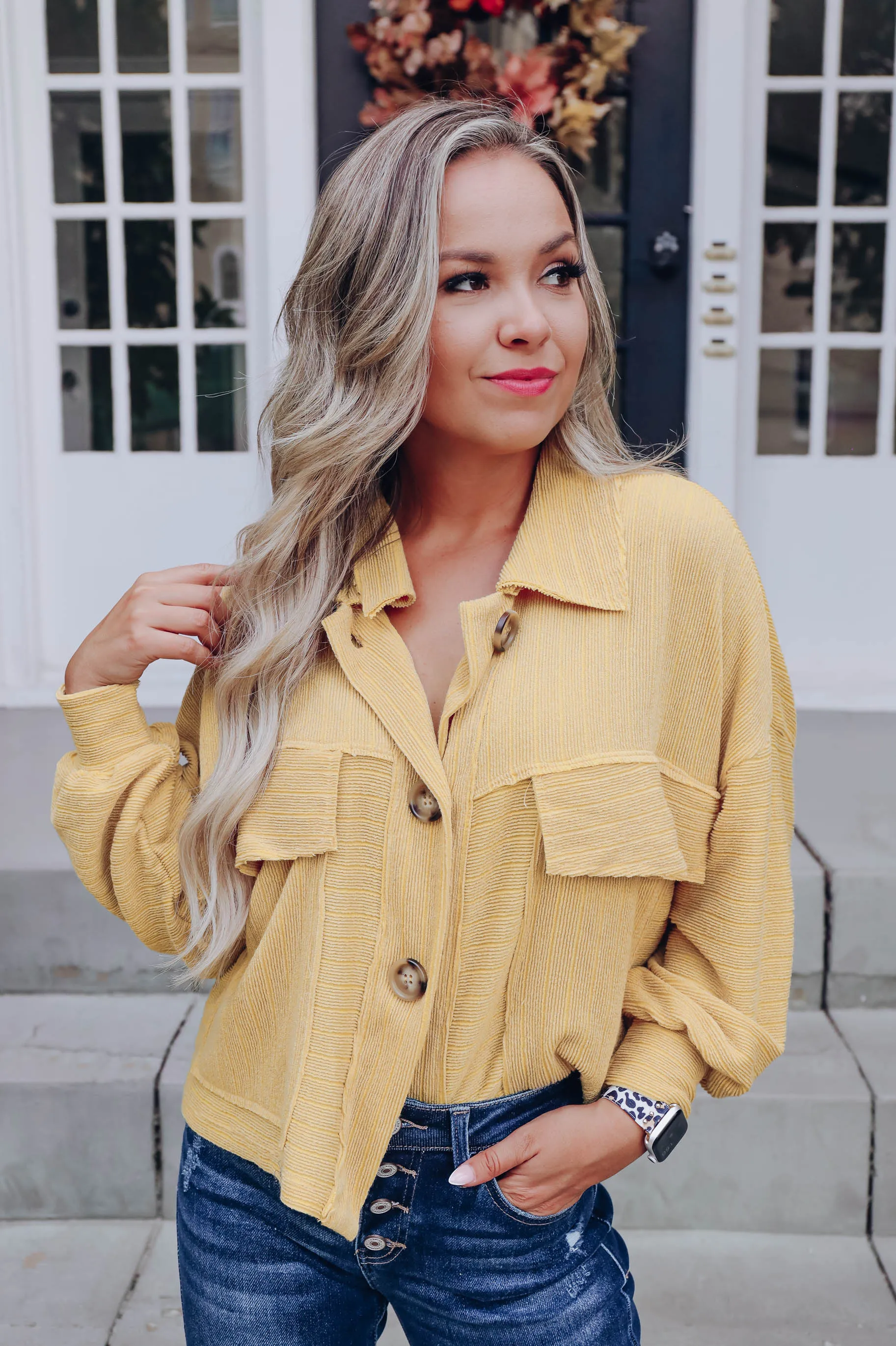 Davis Ribbed Crop Shacket - Mustard