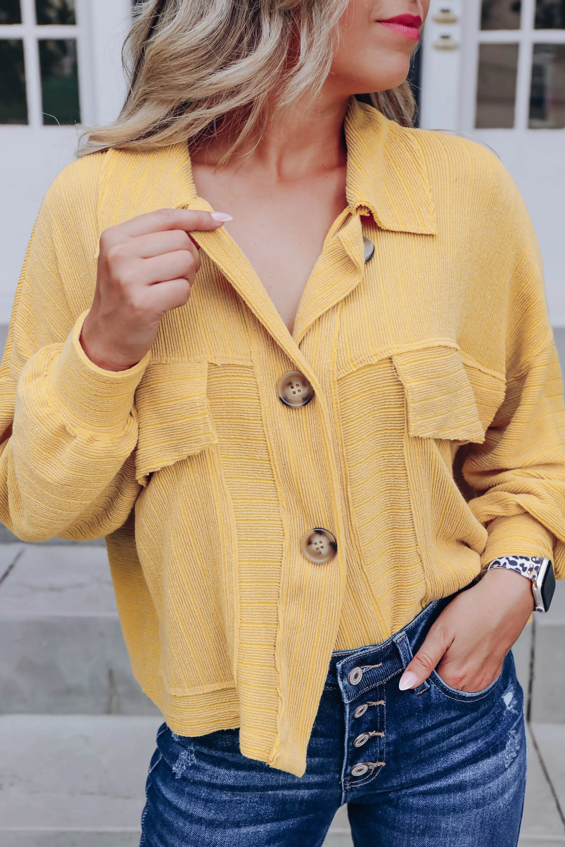 Davis Ribbed Crop Shacket - Mustard