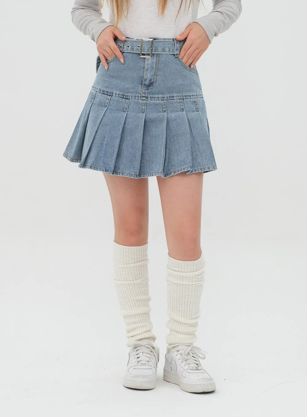 Denim Pleated Mini Skirt