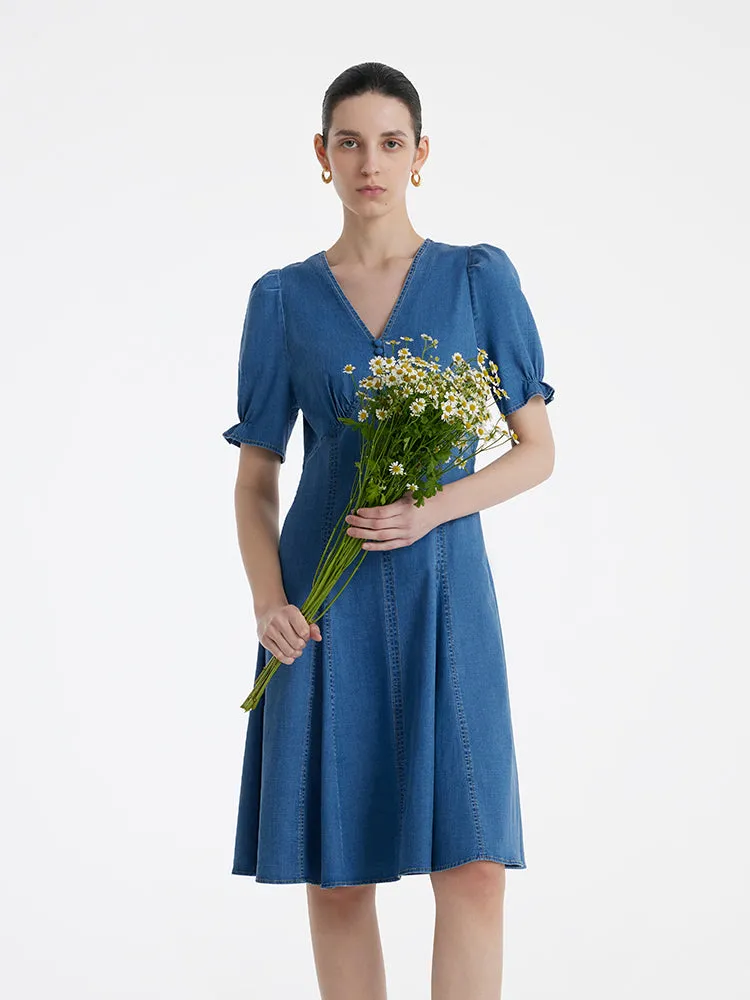 Denim V-Neck Gathered Waist Women Midi Dress