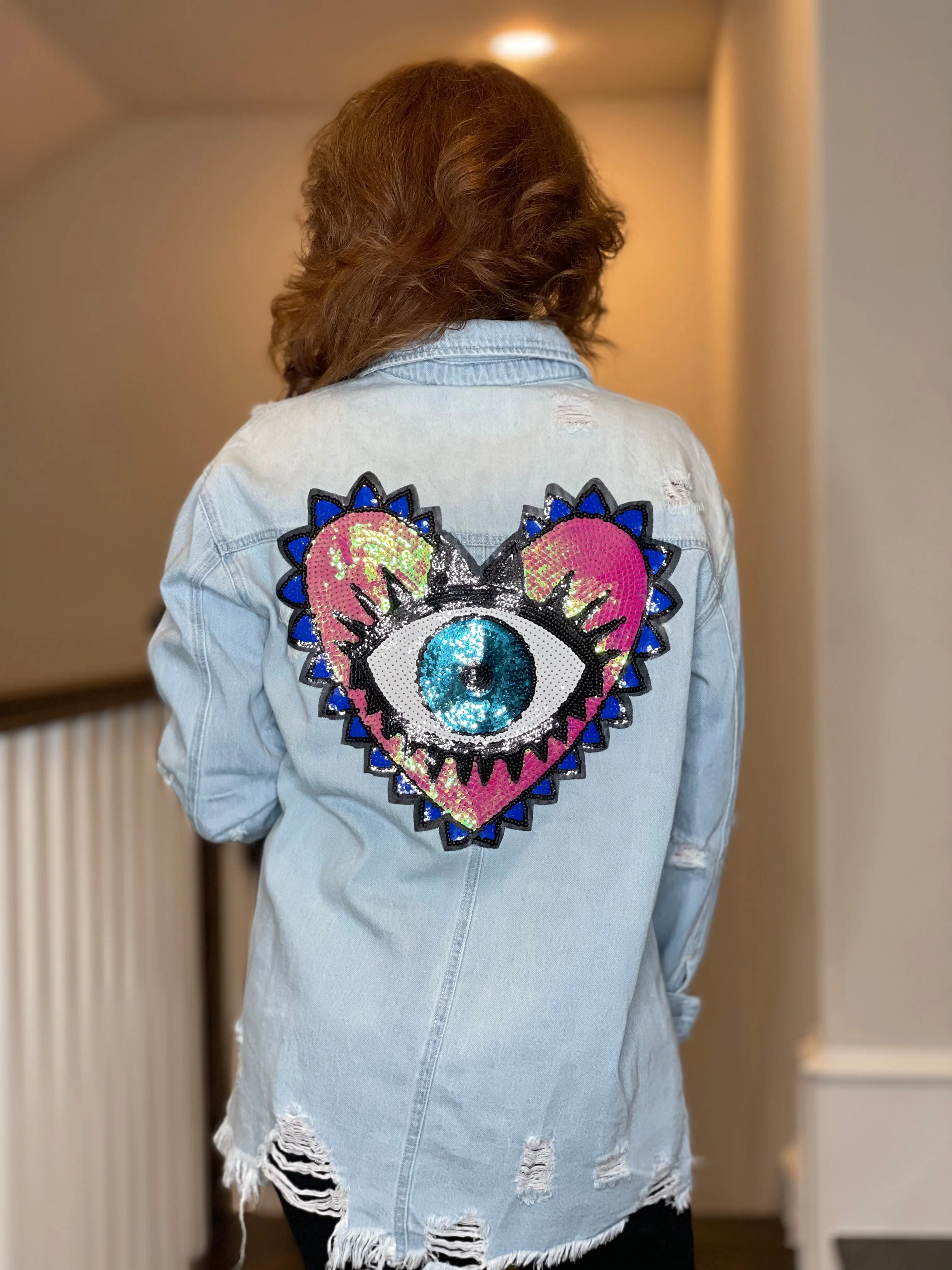 Distressed Denim Shacket with Evil Eye Heart Embellishment