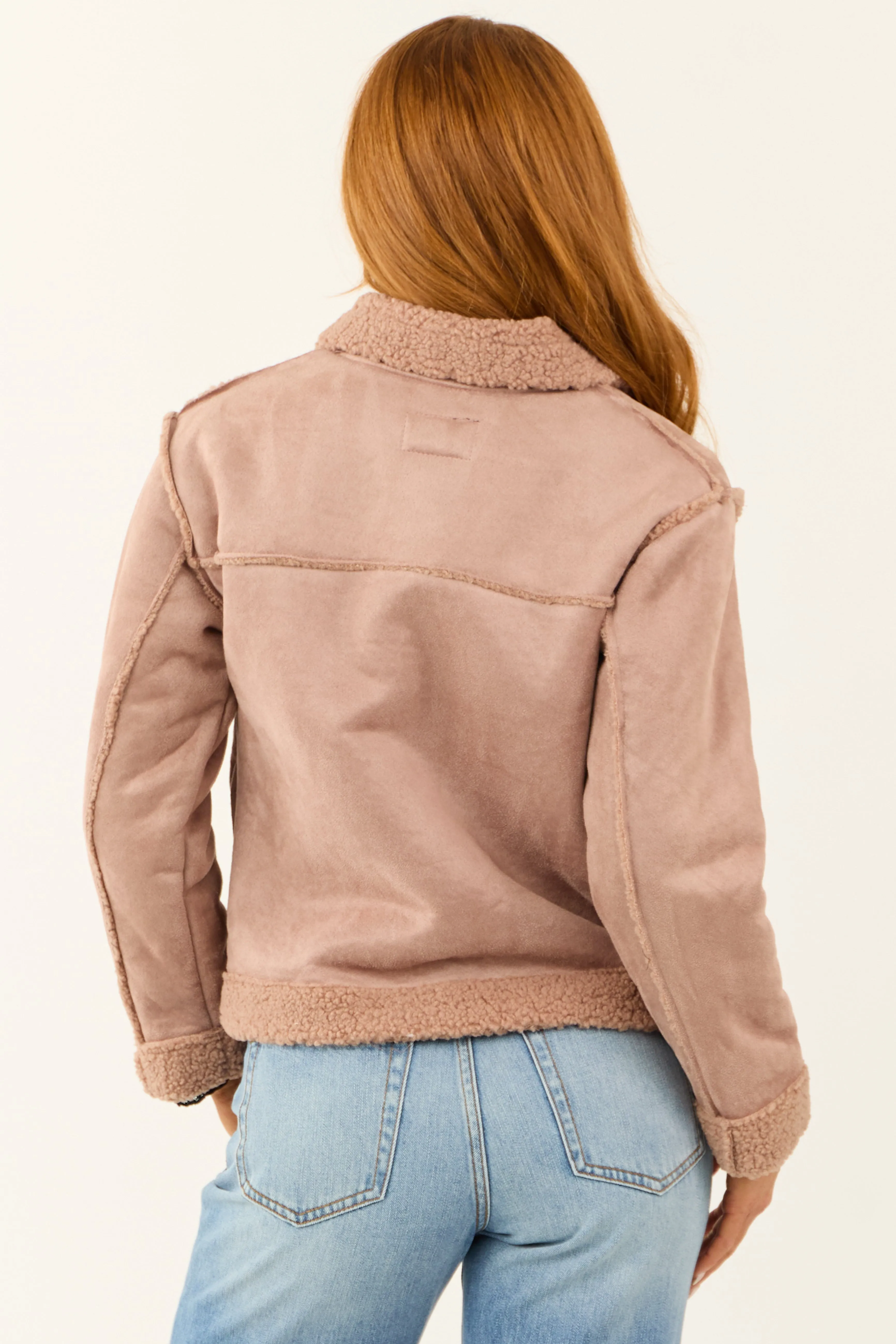 Dusty Rose Faux Suede Sherpa Lined Jacket