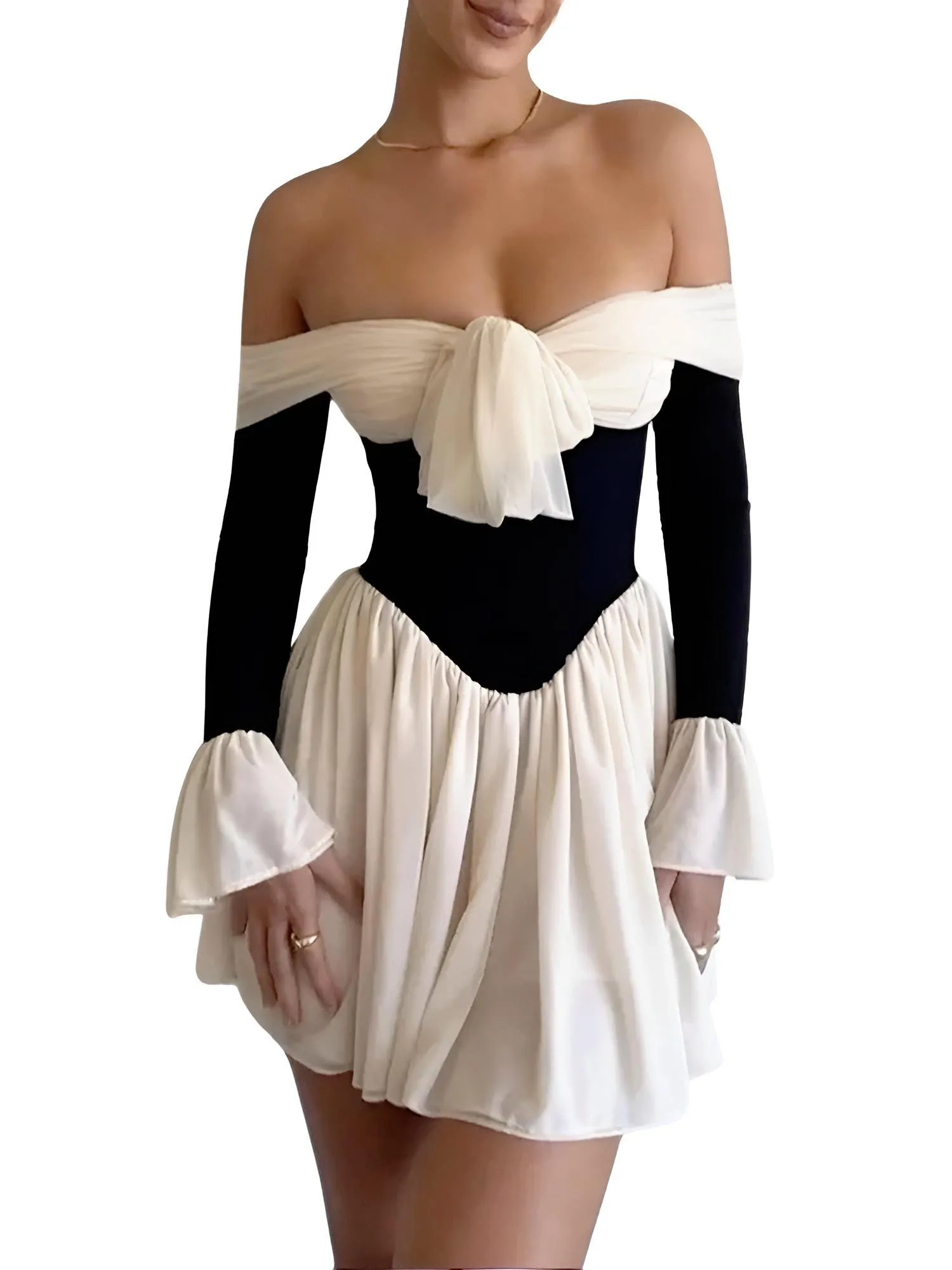 Elegant Strapless Sexy Mini Dress For Women New Off-Shoulder Long Flare Sleeve Pleated Club Party Dress