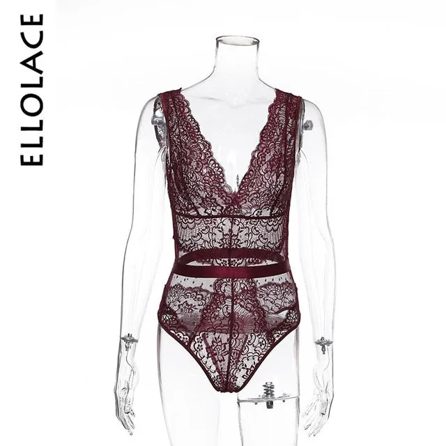 Ellolace V Neck Sexy Bodysuit