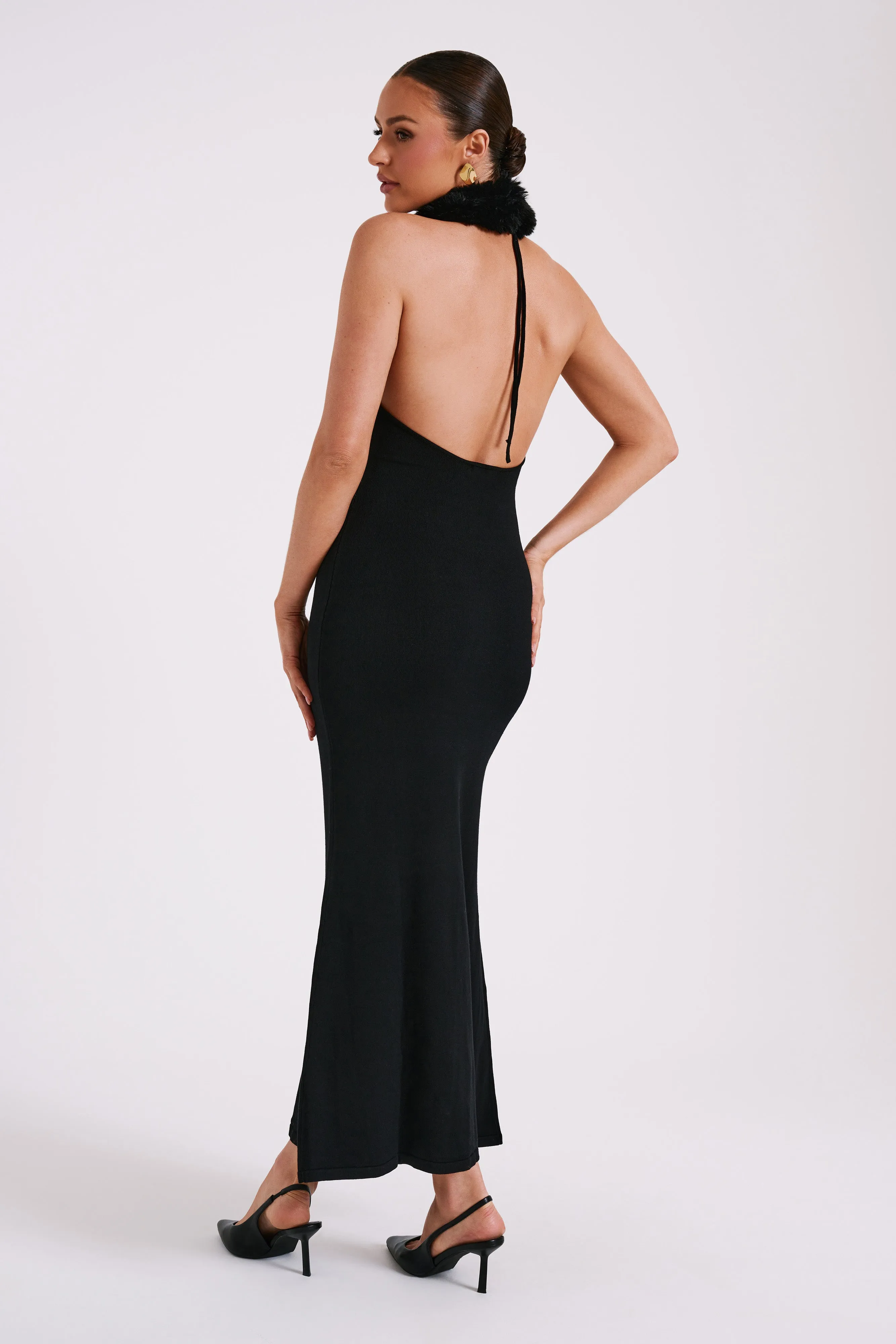 Elva Halter Knit Maxi Dress With Faux Fur - Black