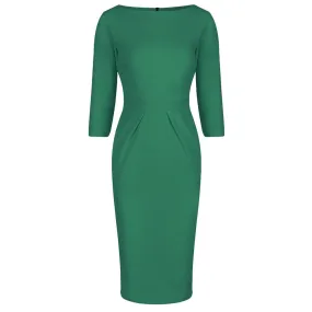 Emerald Green 3/4 Sleeve Pleated Bodycon Pencil Dress