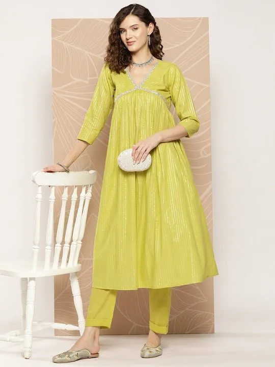 Empire Sequinned Pure Cotton Kurta With Trousers