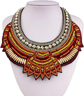 Exotic Tribal Orange Red & Gold Collar Necklace