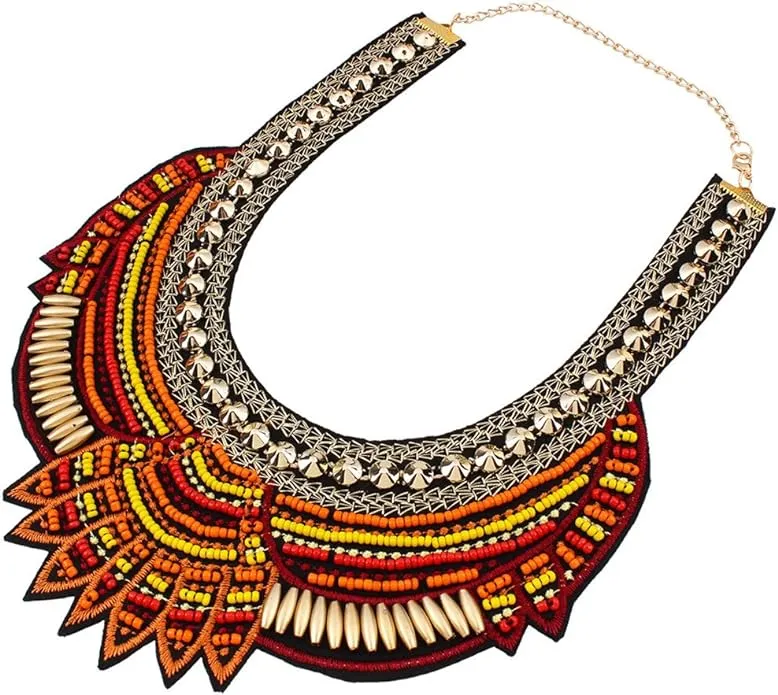 Exotic Tribal Orange Red & Gold Collar Necklace