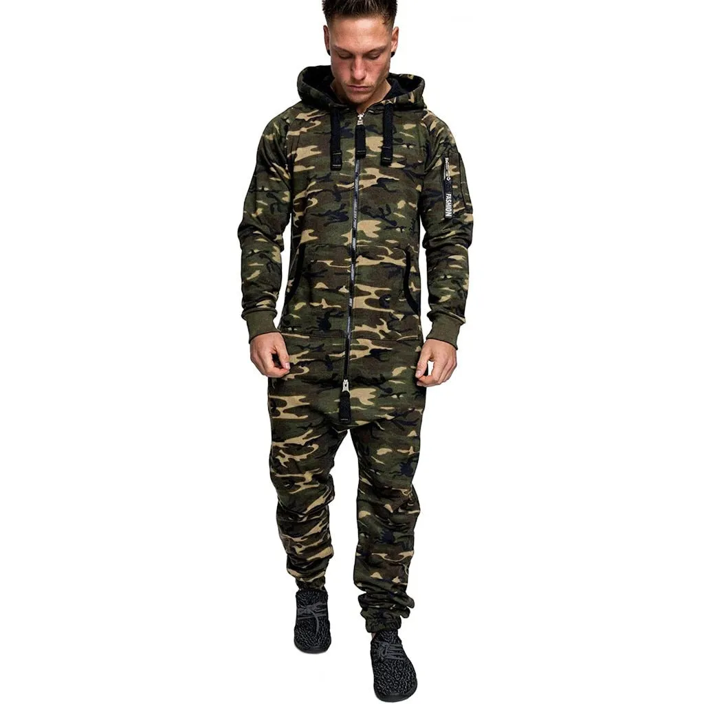 Fashion Men's Hooded Fleece Camouflage Jumpsuit