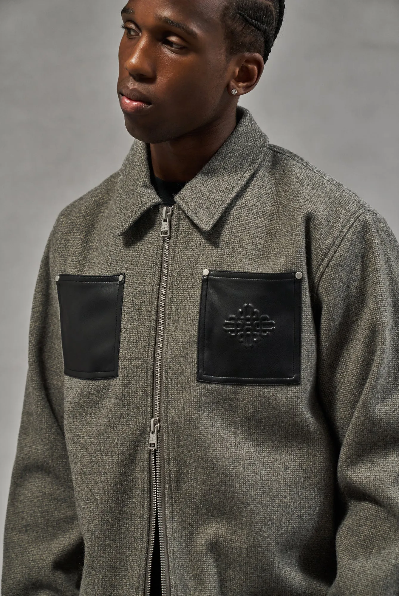 FAUX LEATHER PATCH POCKET WOOL SHACKET - GREY