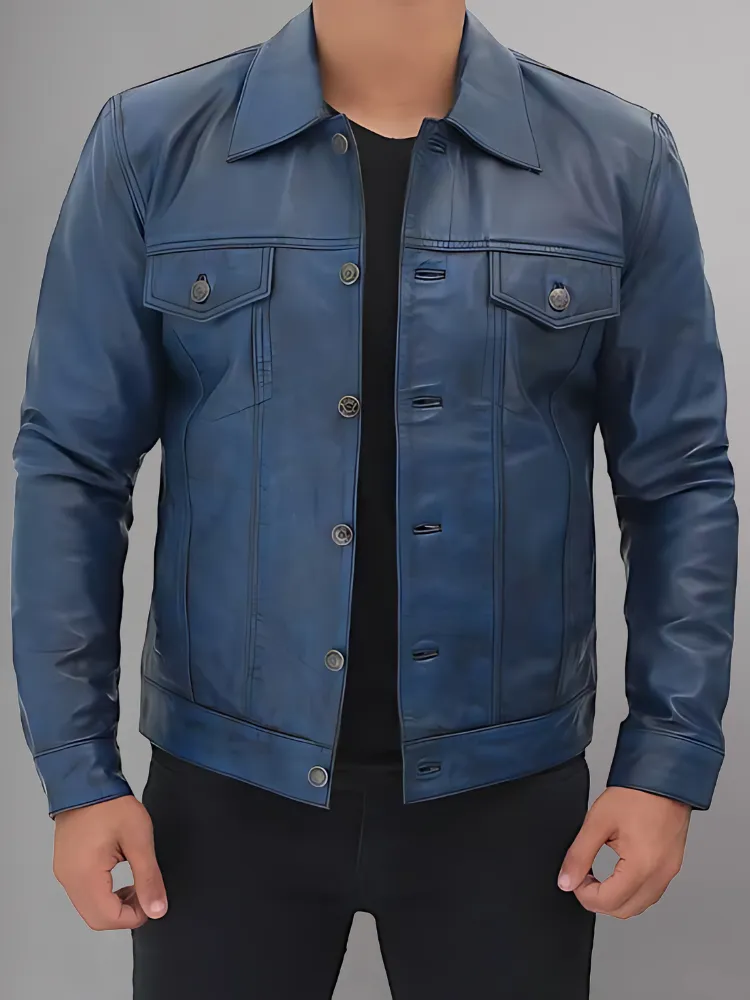 Fernando Mens Distressed Blue Trucker Leather Jacket