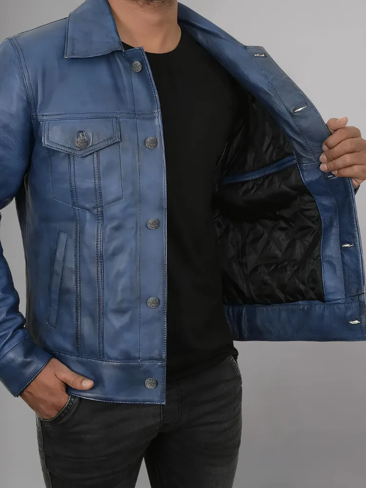 Fernando Mens Distressed Blue Trucker Leather Jacket