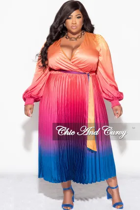 Final Sale Plus Faux Wrap Pleated Dress in Rainbow Print