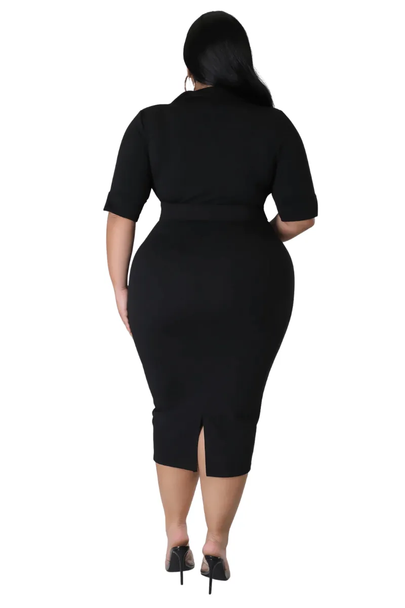 Final Sale Plus Size Collar Faux Wrap Belted BodyCon Dress in Black