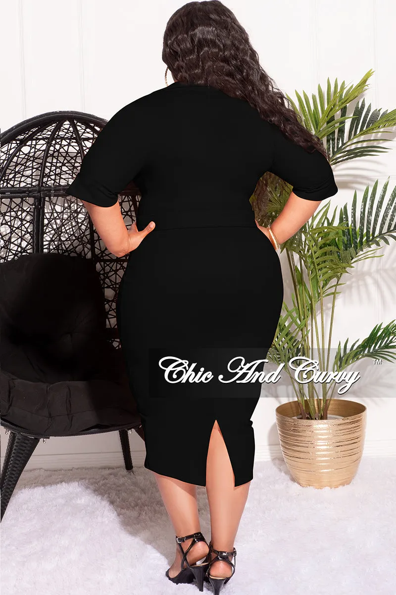 Final Sale Plus Size Collar Faux Wrap Belted BodyCon Dress in Black