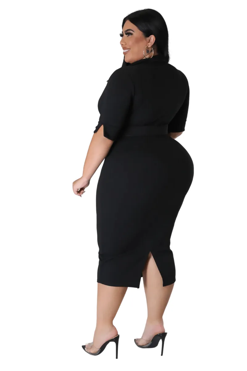 Final Sale Plus Size Collar Faux Wrap Belted BodyCon Dress in Black