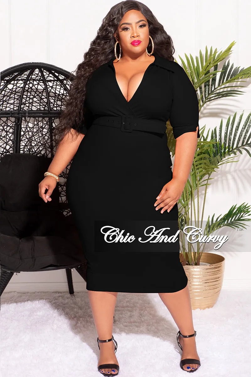 Final Sale Plus Size Collar Faux Wrap Belted BodyCon Dress in Black