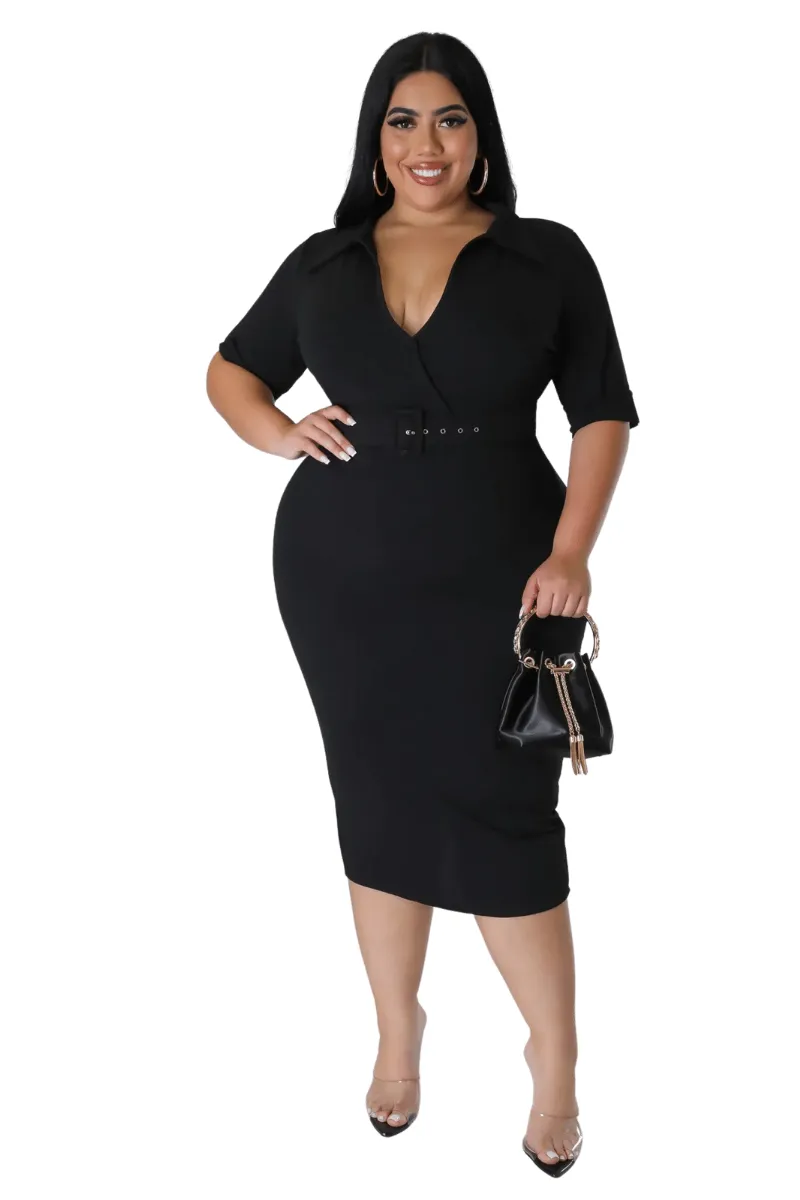 Final Sale Plus Size Collar Faux Wrap Belted BodyCon Dress in Black