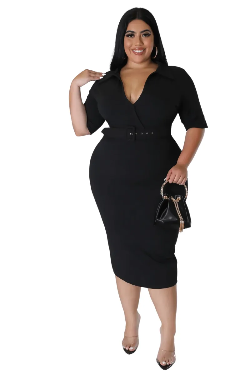 Final Sale Plus Size Collar Faux Wrap Belted BodyCon Dress in Black