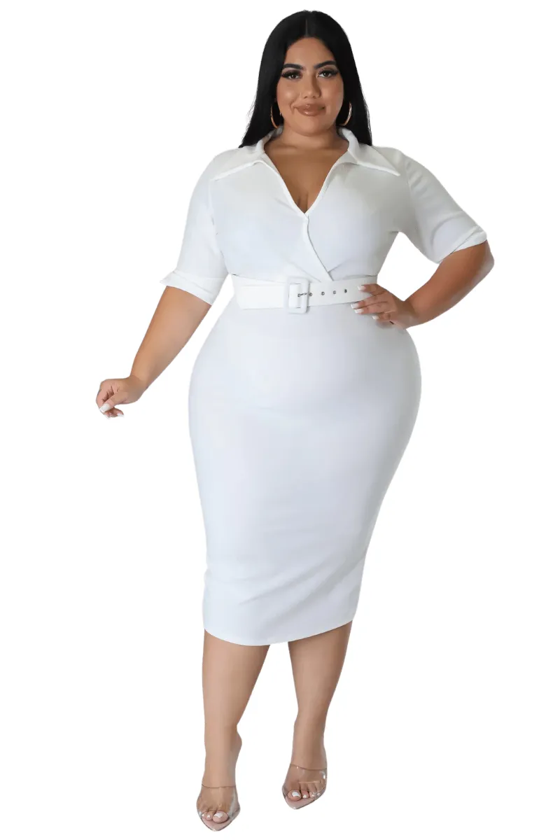 Final Sale Plus Size Collar Faux Wrap Belted BodyCon Dress in White