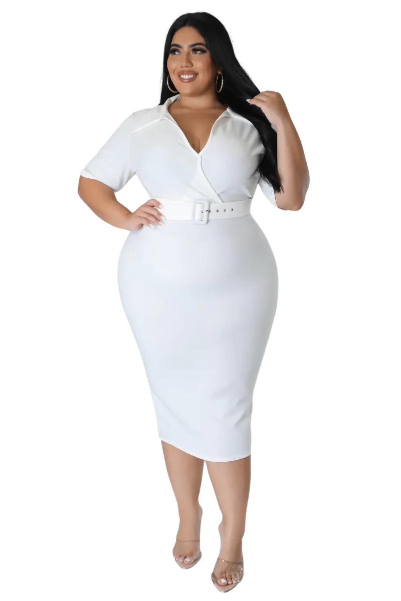 Final Sale Plus Size Collar Faux Wrap Belted BodyCon Dress in White